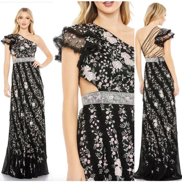 Mac Duggal Black Multi Embroidered Ruffled Gown size 8 Style # 70160 - Picture 1 of 7